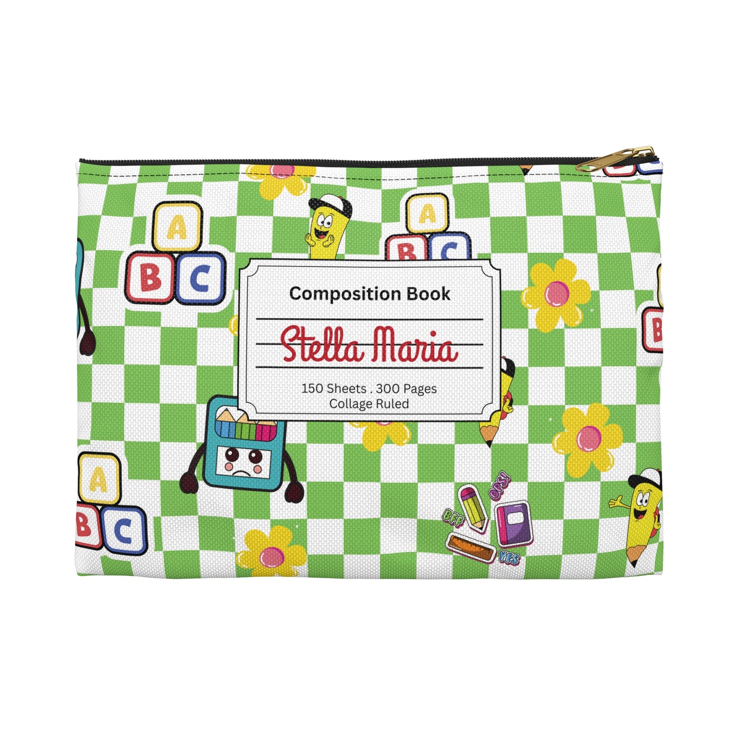 Personalized Green SchoolYard Chic Composition Book Inspired Accessory Pouch, Kids School Supplies, Classroom Organizer, Teacher Gift, Fun Stationery Case, Back to School