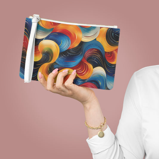 Cosmic Swirl Clutch Bag - Vegan Leather Saffiano Pattern Fashionista On-the-Go Zip Fastening Wrist Strap.