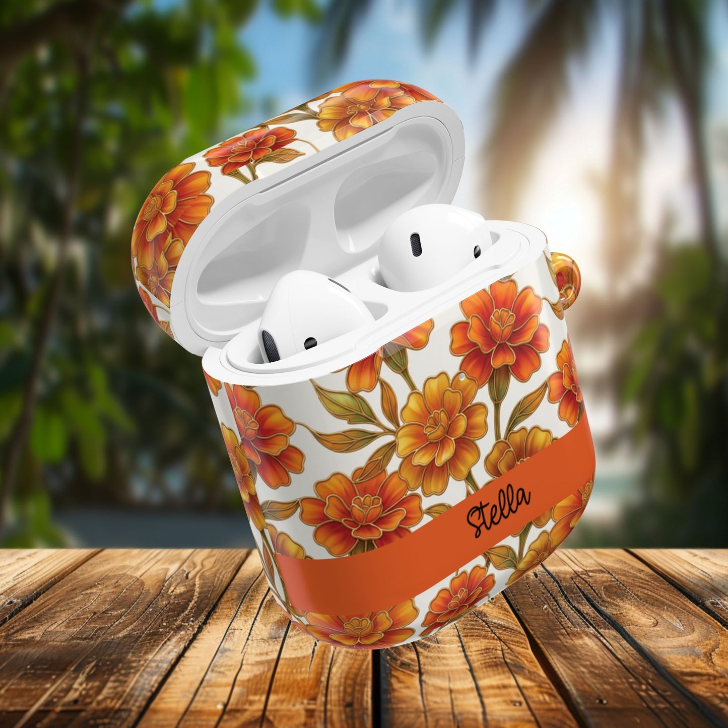 Stained Glass Effect Floral Orange Marigold AirPod Case — Personalized Name Option