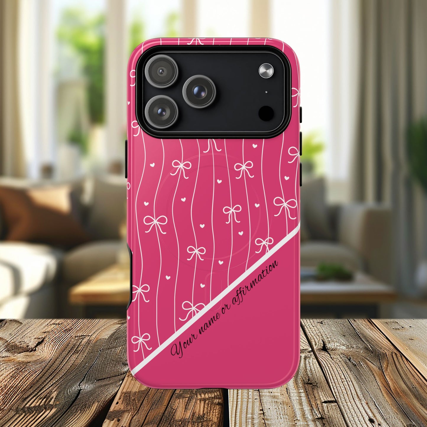 Pink Bow Coquette Magnetic Tough Magnetic MagSafe®  Case — (Add Name or Affirmation)-iPhone® 13, 14, iPhone 15, iPhone 16, iPhone 17, Pro, Pro Max, Plus Cases.