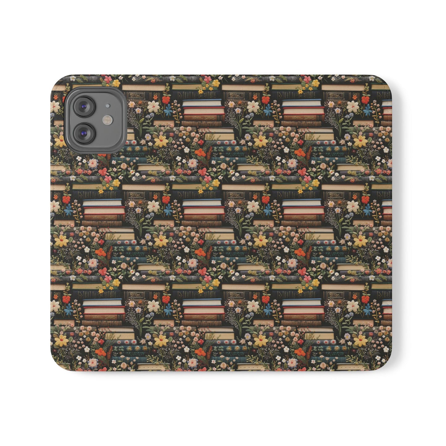 Book Stack Floral Flip iPhone and Samsung Phone Case — Vintage Library Wallet Cover.