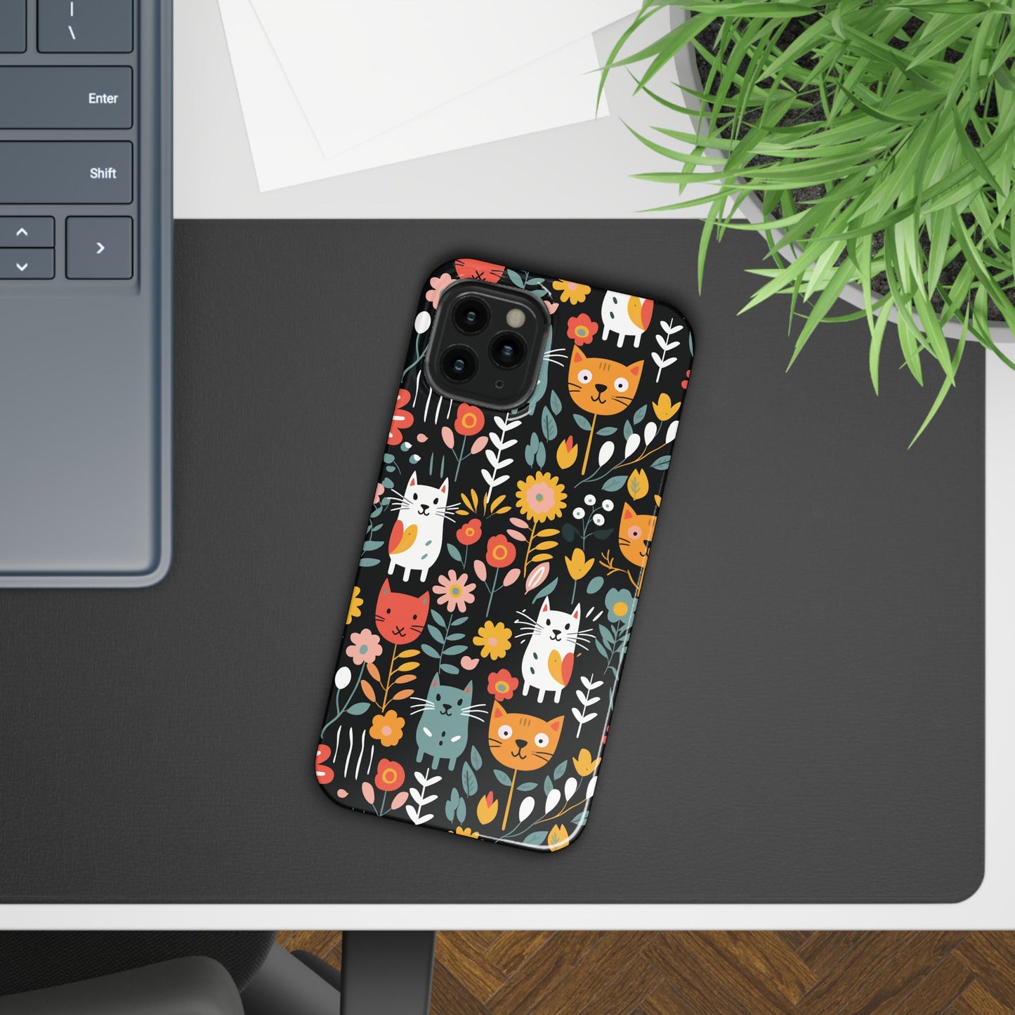 Whimsical Feline Garden iPhone Case — Slim Floral Cat Design (Matte or Glossy) for iPhones.