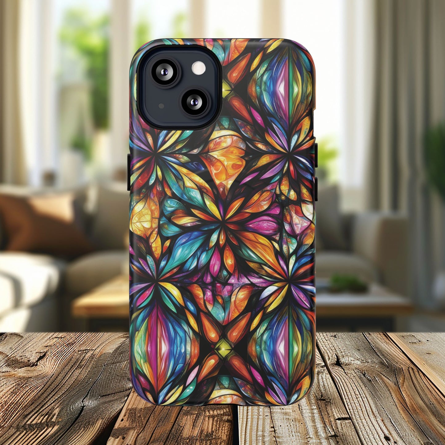 Luminous Whirl Tough Magnetic iPhone Cases, Vibrant Protection, Unique Floral Print, Durable Cover, Gift for Tech Lovers, iPhone Accessory, Stained Glass iPhone Design.