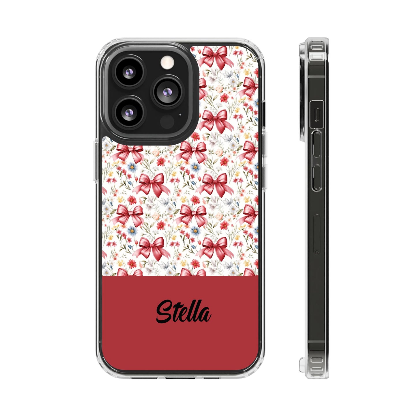 Personalized Rosette Coquette Floral Bow Clear iPhone, Samsung Cases — Custom Name Phone Cover