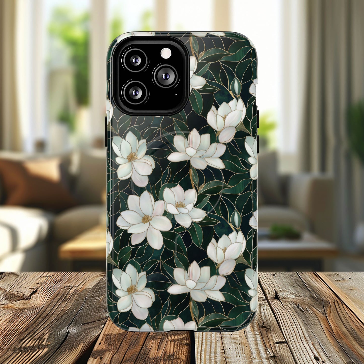Midnight Magnolia Tough iPhone Magnetic Case, Stylish Stained Glass iPhone Protection, Nature Lover Gift, Spring Vibes