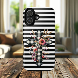 Grace in Bloom Tough Magnetic iPhone Case with Floral Cross Design, Boho iPhone Cover, Striped iPhone Case, Unique Religious Gift, Trendy Cell iPhone Accessory.