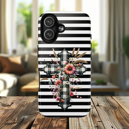 Grace in Bloom Tough Magnetic iPhone Case with Floral Cross Design, Boho iPhone Cover, Striped iPhone Case, Unique Religious Gift, Trendy Cell iPhone Accessory.