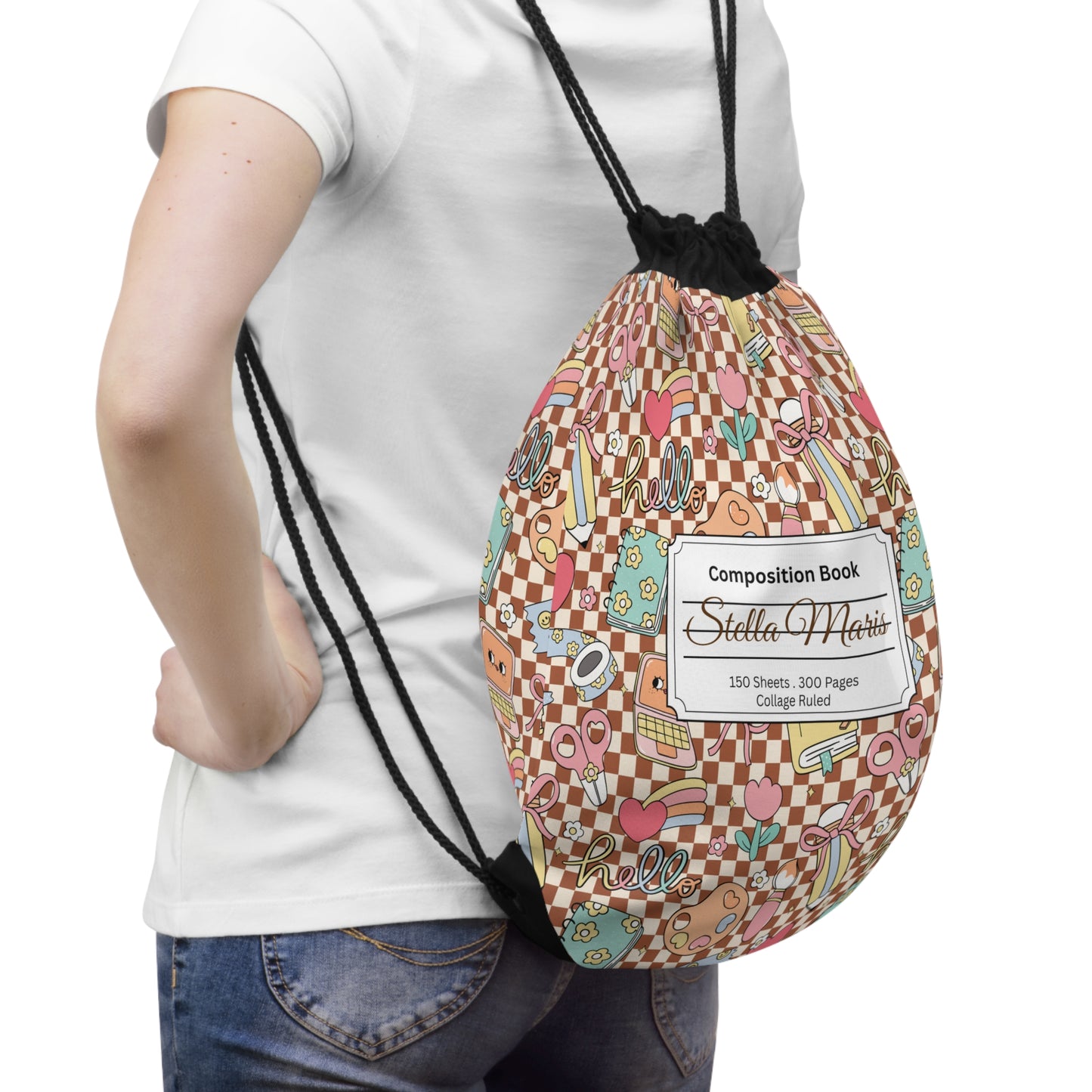 Composition Brown Doodle Daydream Book Inspired Colorful ABC Drawstring Bag | Personalized College Ruled Tote | Kids School Gear | Fun Gym Sack | Back to School Accessory