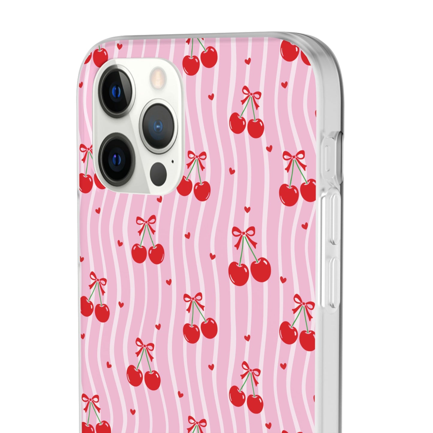 Personalized Cherry Blossom Dreams Flexi Case — Pink Retro Cherry iPhone® 7/8, 11, 12, 13, 14, 15, 16, 17, X/XS, SE, XR, Mini, Pro, Pro Max, Plus Cases.