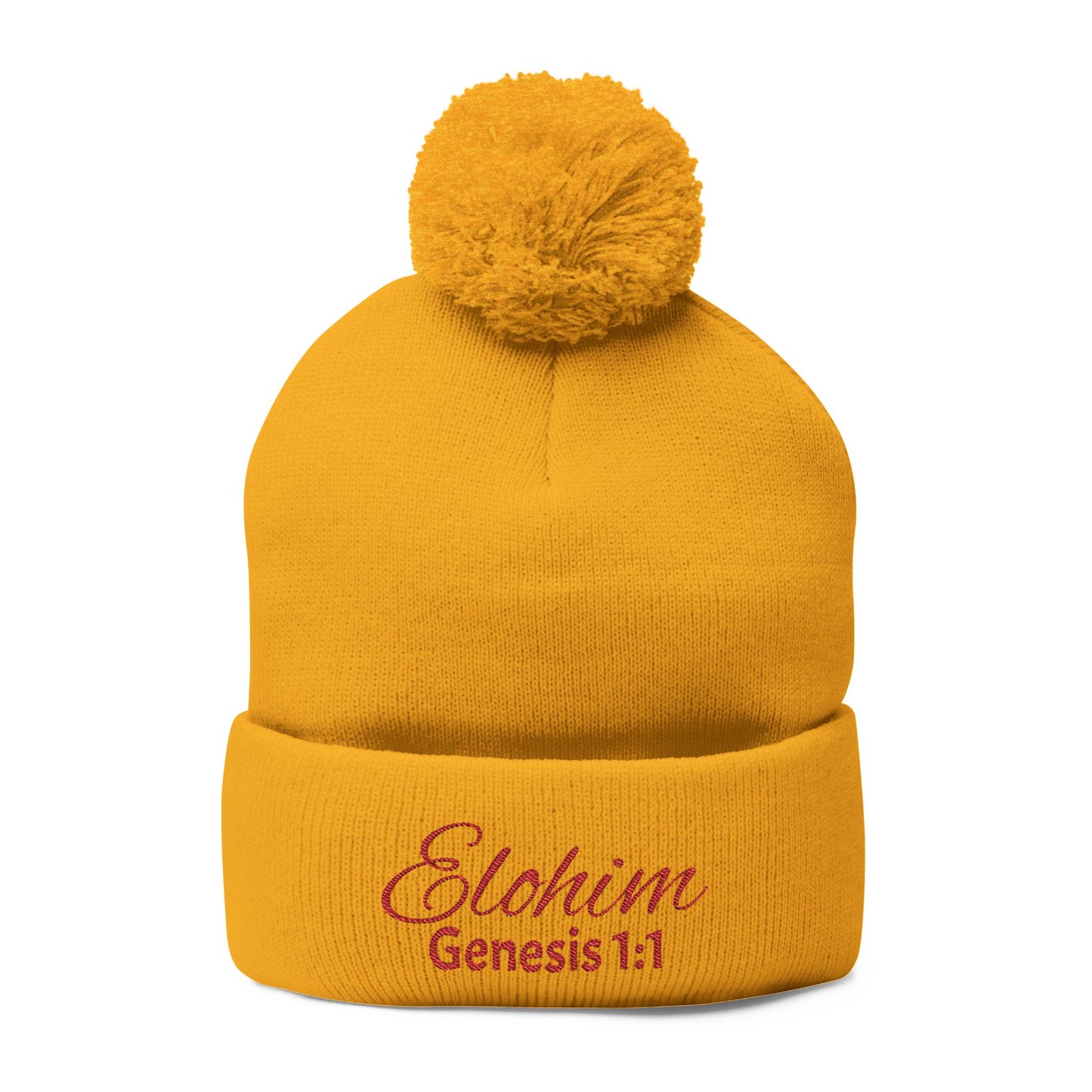 Red Pom-Pom Knit Cap with 'ELOHIM, GENESIS 1:1'  Embroidery Beanie - Stylish Winter Accessory for All Ages, Perfect Gift for Birthdays, Holidays, and Outdoor Activities