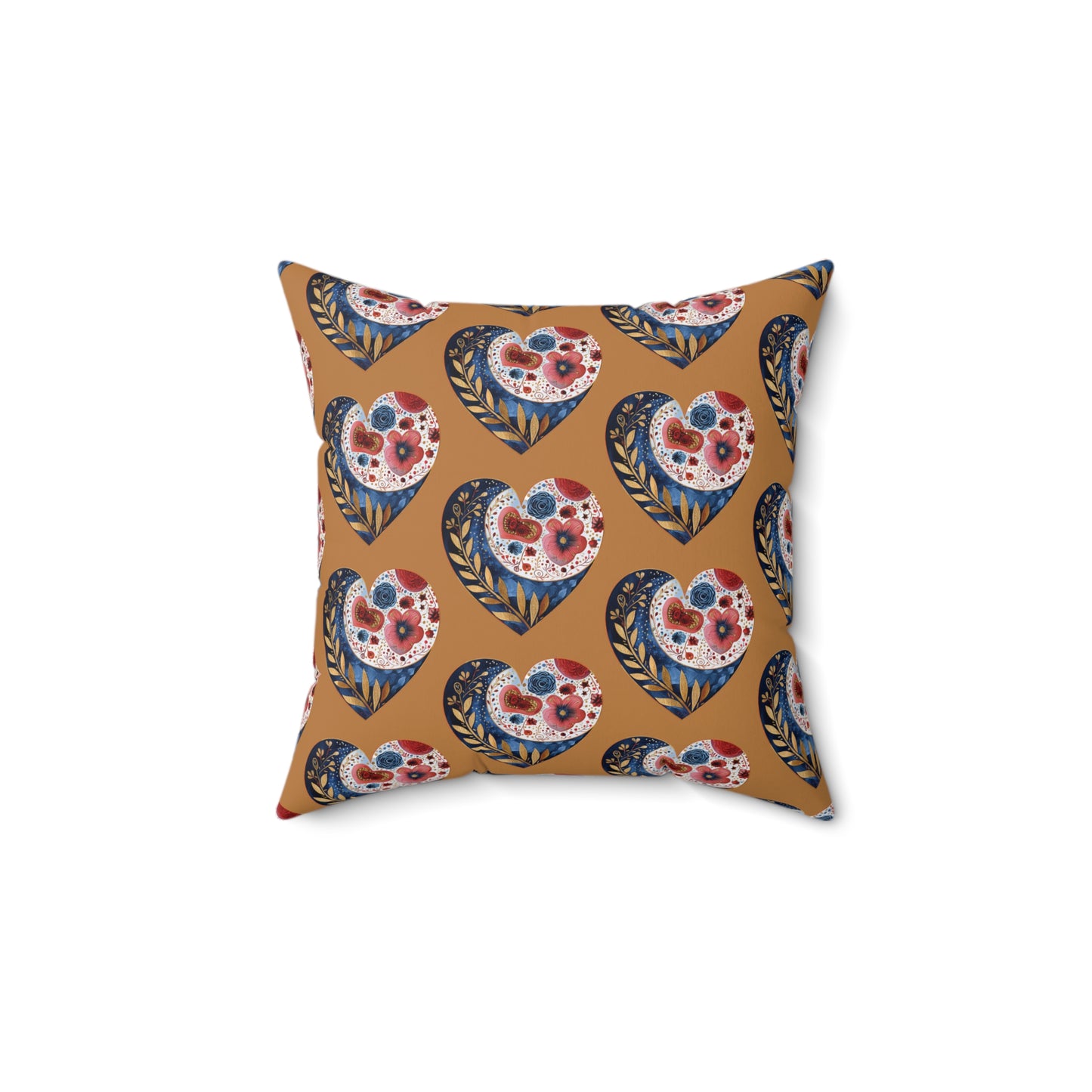 Brown Floral Heart Spun Polyester Square Pillow