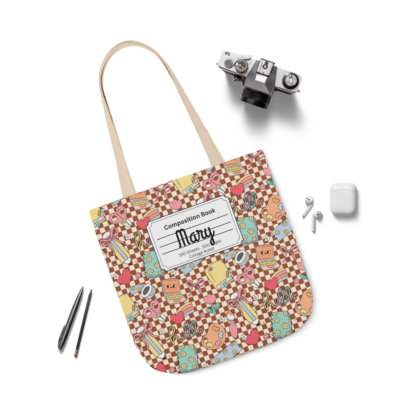 Personalized Brown Doodle Daydream Composition Book Inspired Canvas Tote Bag with Colorful Straps, Cute School Bag, Eco-Friendly Tote, Back to School Shopping Bag, Teacher Gift Idea