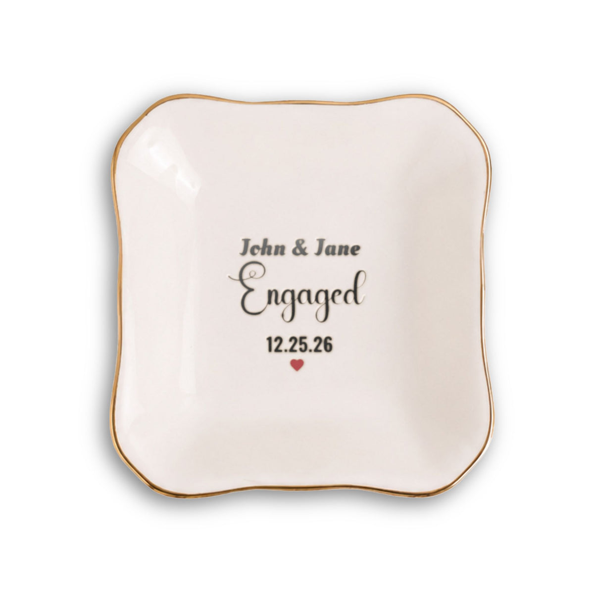Personalized Engaged Elegant Ceramic Trinket Tray with Gold Edge- gift for wife/girlfriend.