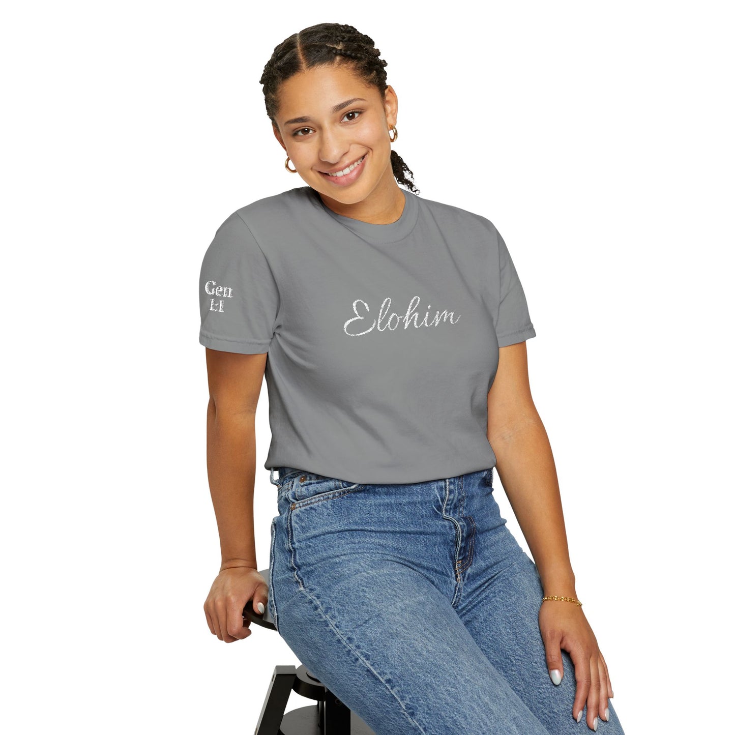 Embroidery 'ELOHIM, GENESIS 1:1' - Faith-Based Unisex Garment-Dyed Comfort Colors T-shirt, Faith Gift Tee, Religious Tee, Embroidery Tee.