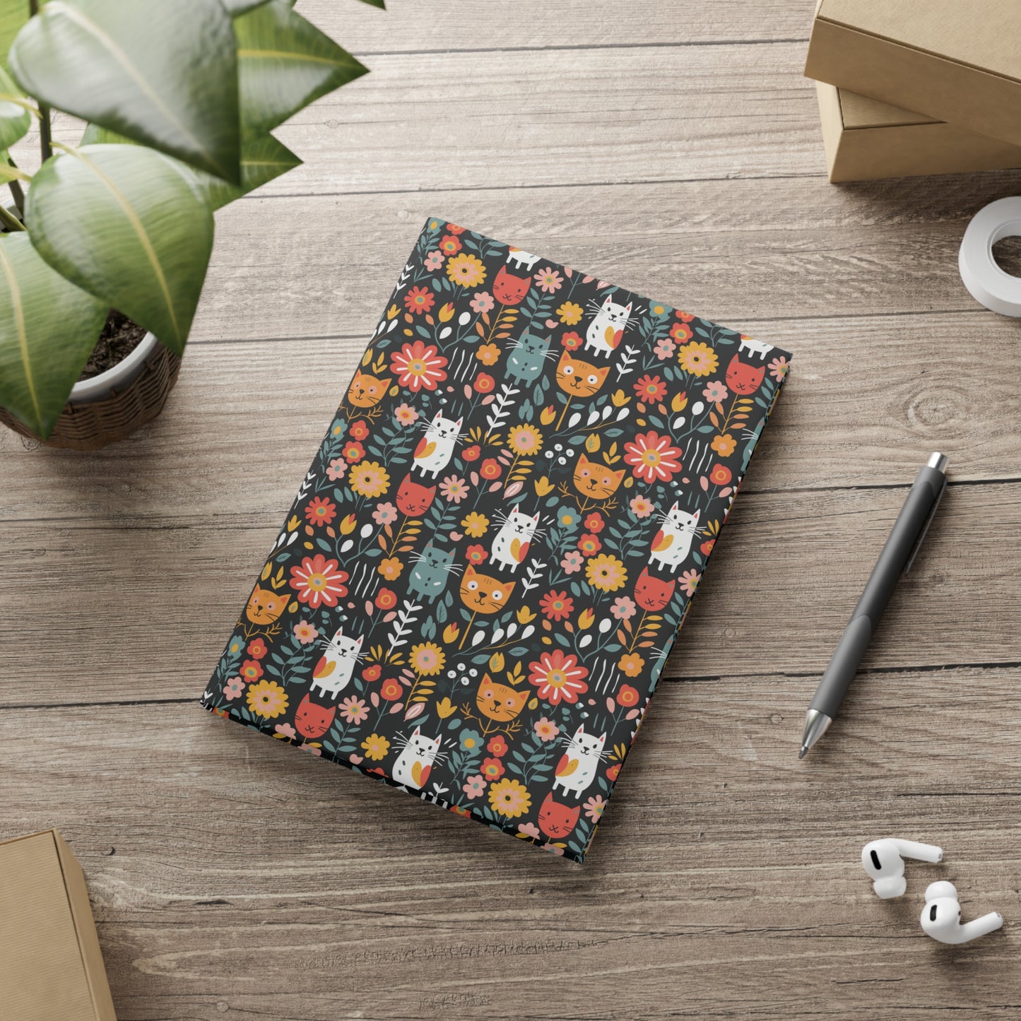 Whimsical Feline Garden Hardcover Notebook with Puffy Covers