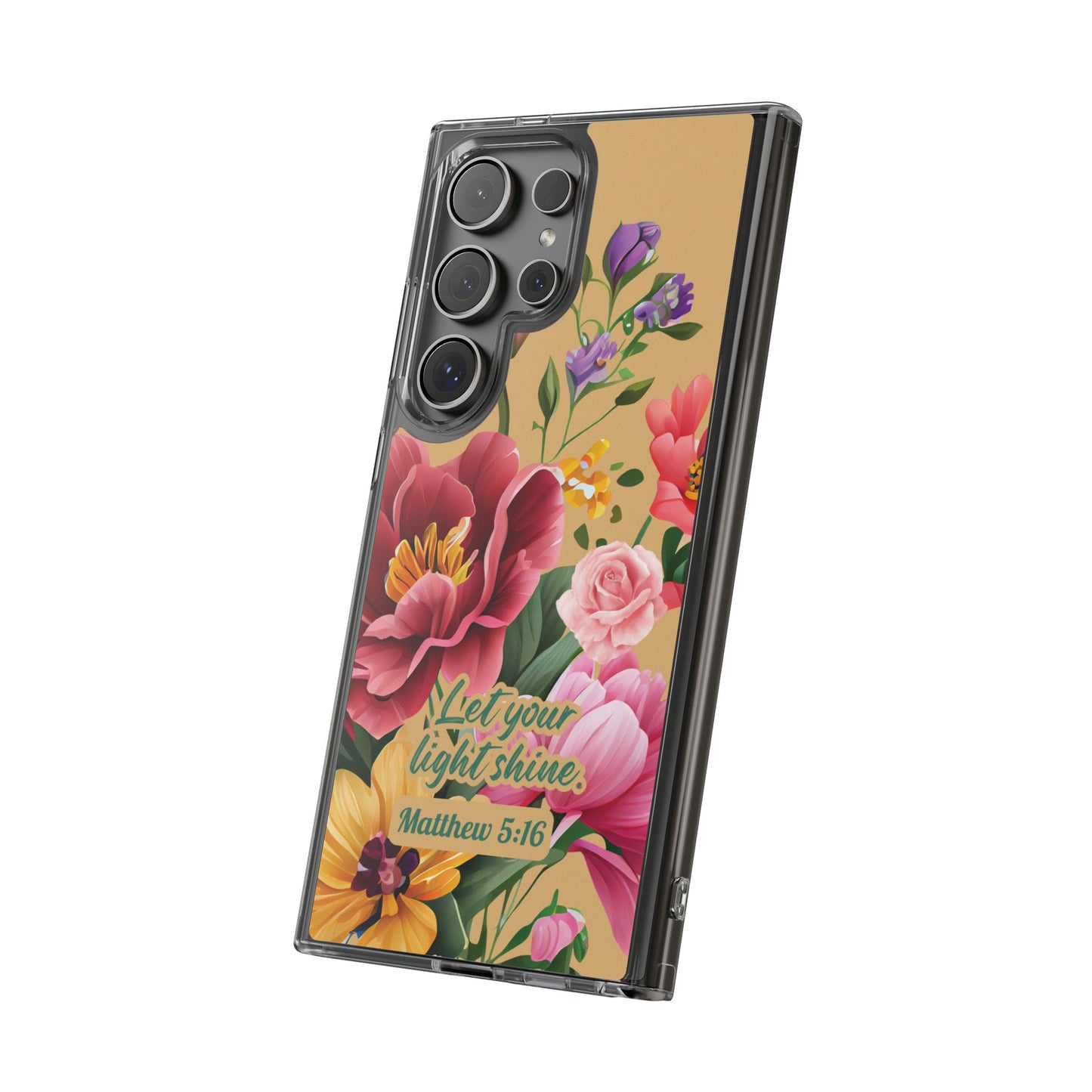 Clear Floral Bible Verse Phone Case — "Let Your Light Shine" (Matthew 5:16) for iPhone and Samsung Cases.