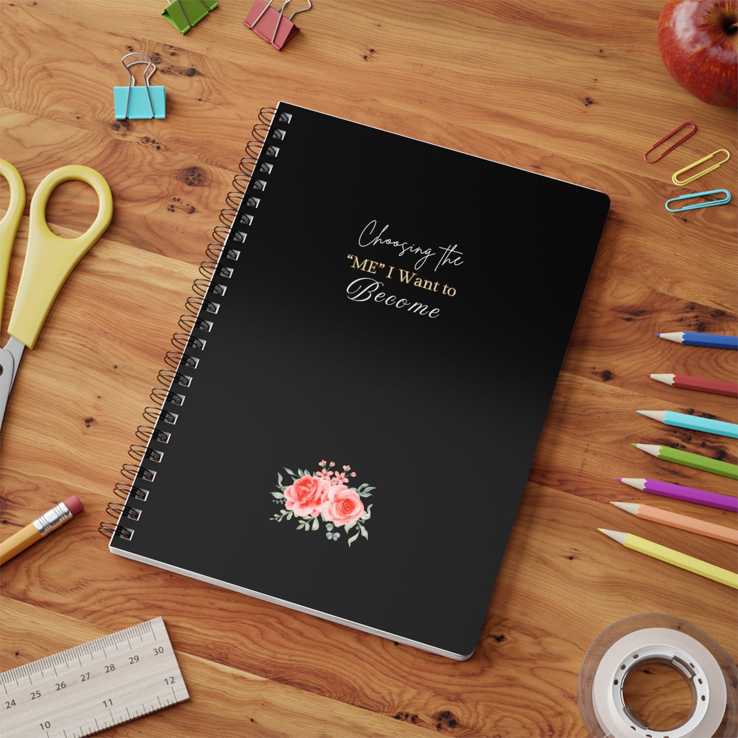 Floral A5 Wirobound Notebook - "Choosing the ME I Want to Become" - Journaling, Note-taking, Gift for Creativity, Self-Improvement.