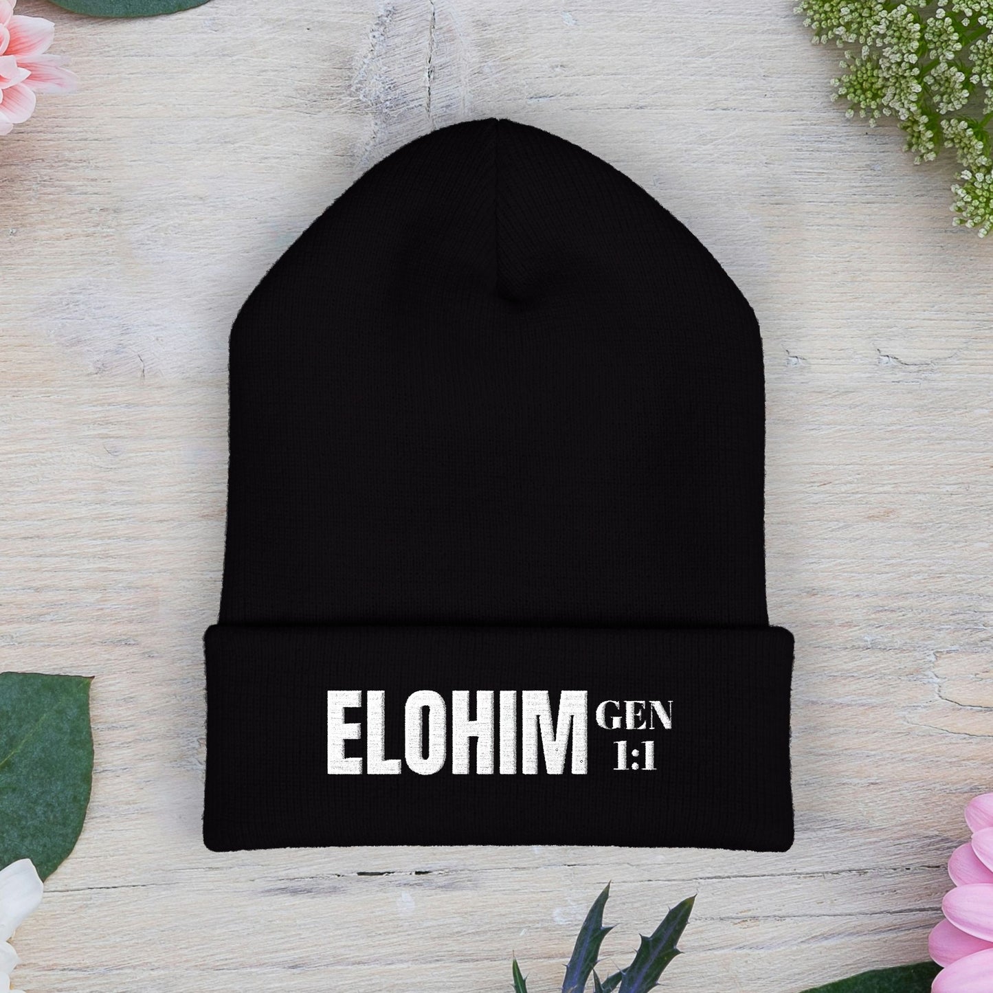 Embroidered 'ELOHIM, GENESIS 1:1' Classic Cuffed Beanie - Cozy Winter Hat, Streetwear Accessory, Personalized Gifts, Religious Apparel, Unisex Beanie