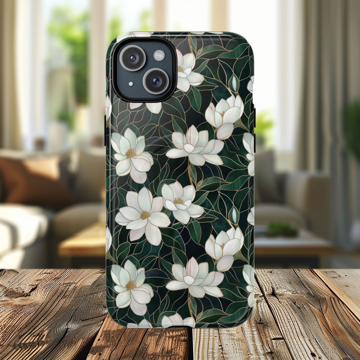 Midnight Magnolia Tough iPhone Magnetic Case, Stylish Stained Glass iPhone Protection, Nature Lover Gift, Spring Vibes