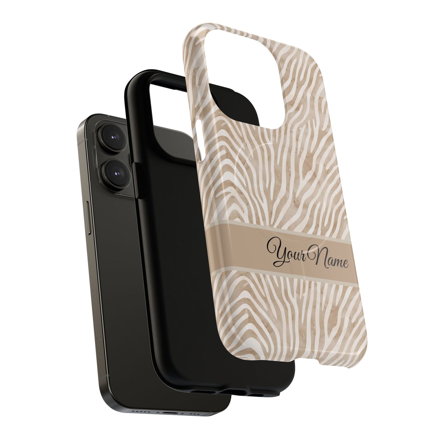 Personalized Zebra Animal Print Cover, Tough Magnetic MagSafe® iPhone® 13, 14, 15, 16, 17, Pro, Pro Max, Plus Cases (Custom Name).