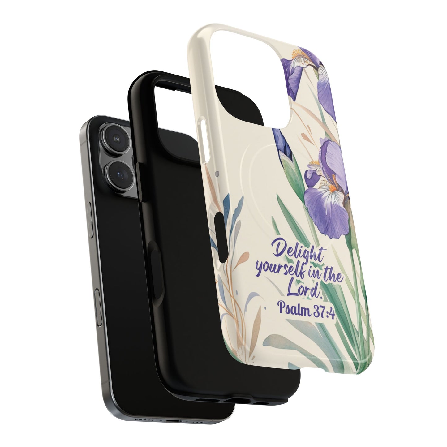 Delight yourself in the Lord Psalm 37:4, Inspirational Gift, iPhone Magnetic Case Scripture, Floral Bible Verse, MagSafe® iPhone® Tough Case, iPhone 14, iPhone 15, iPhone 16, Pro, Pro Max, Plus.
