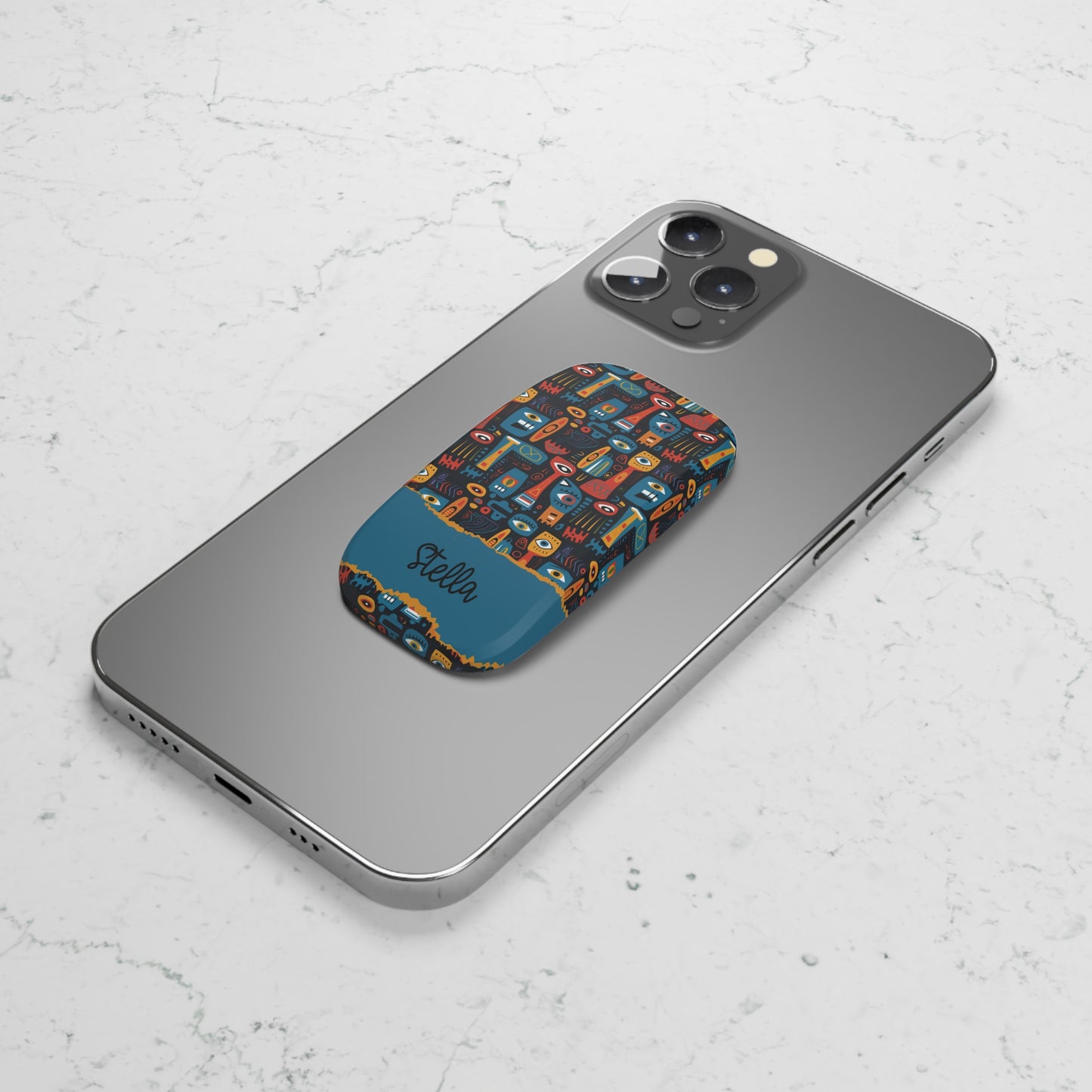 Personalized Phone Grip – Colorful Abstract Faces Design (Custom Name)
