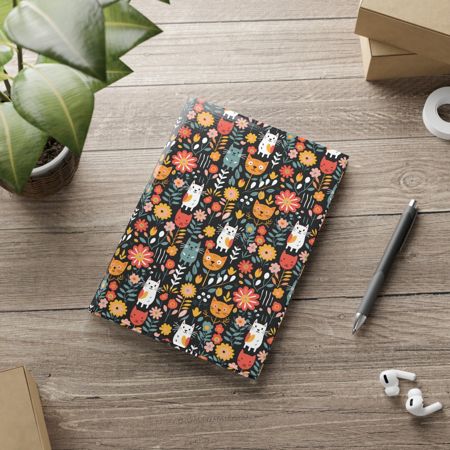 Whimsical Feline Garden Hardcover Notebook with Puffy Covers