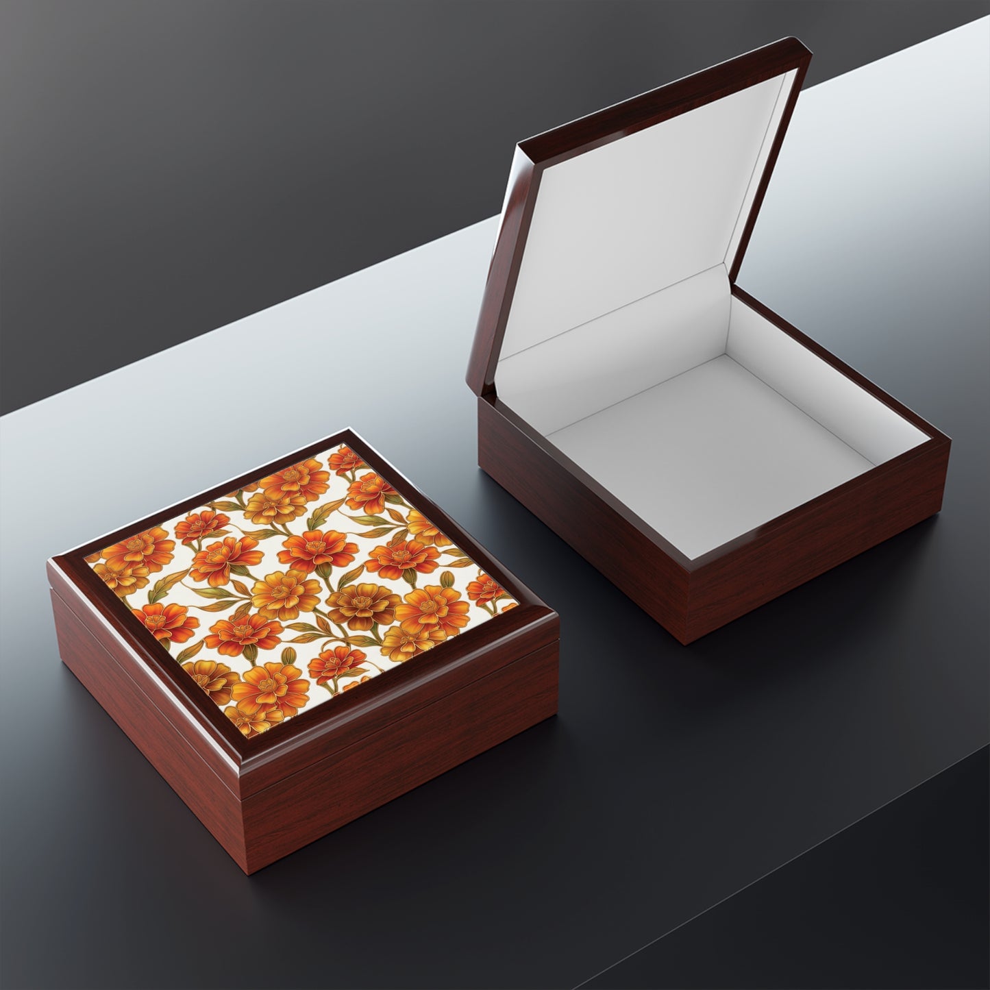 Stained Glass Marigold Floral Jewelry Box —  Keepsake Box
