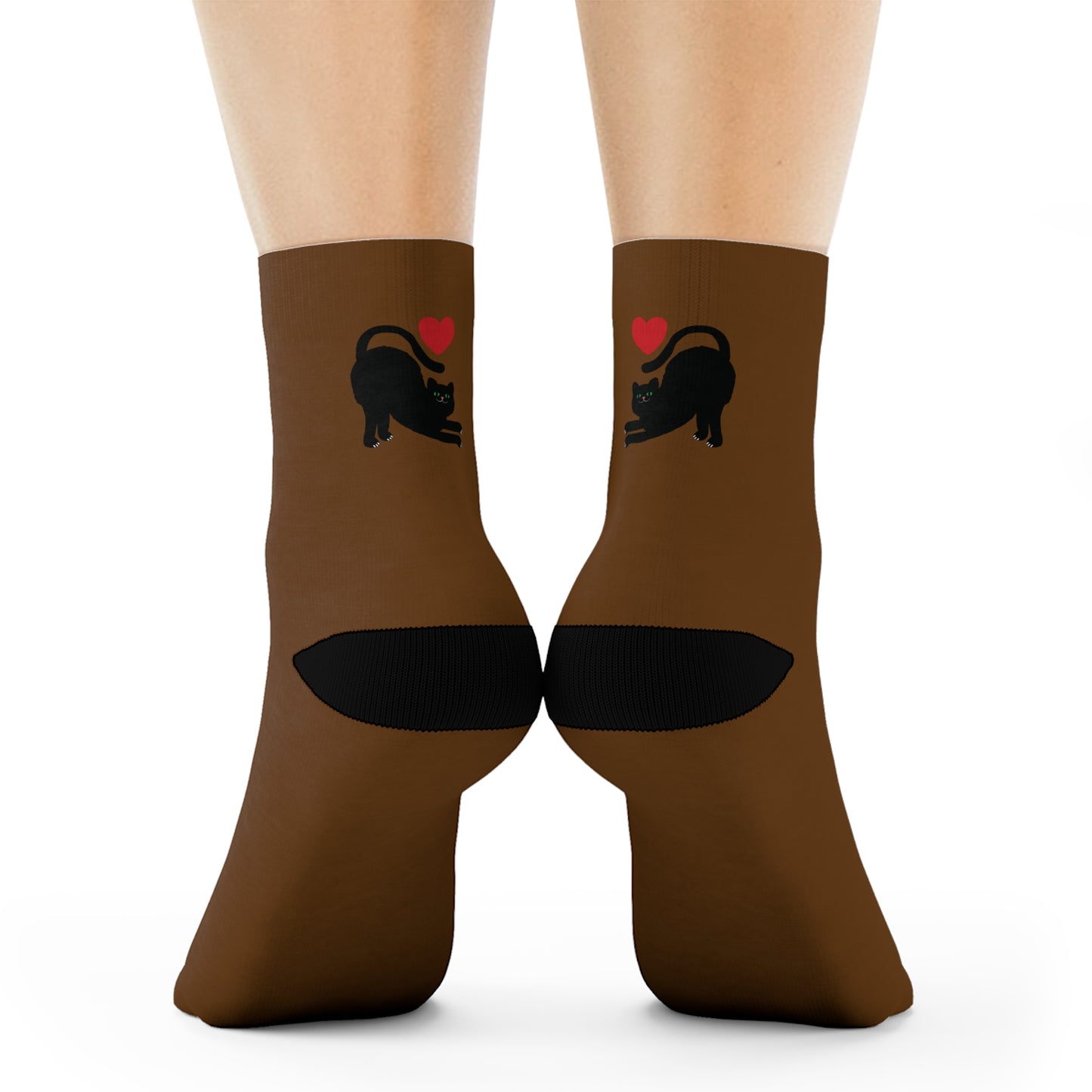 Black Cat and Heart Crew Socks - Soft & Elastic Polyester/Spandex Blend - One Size Fits All