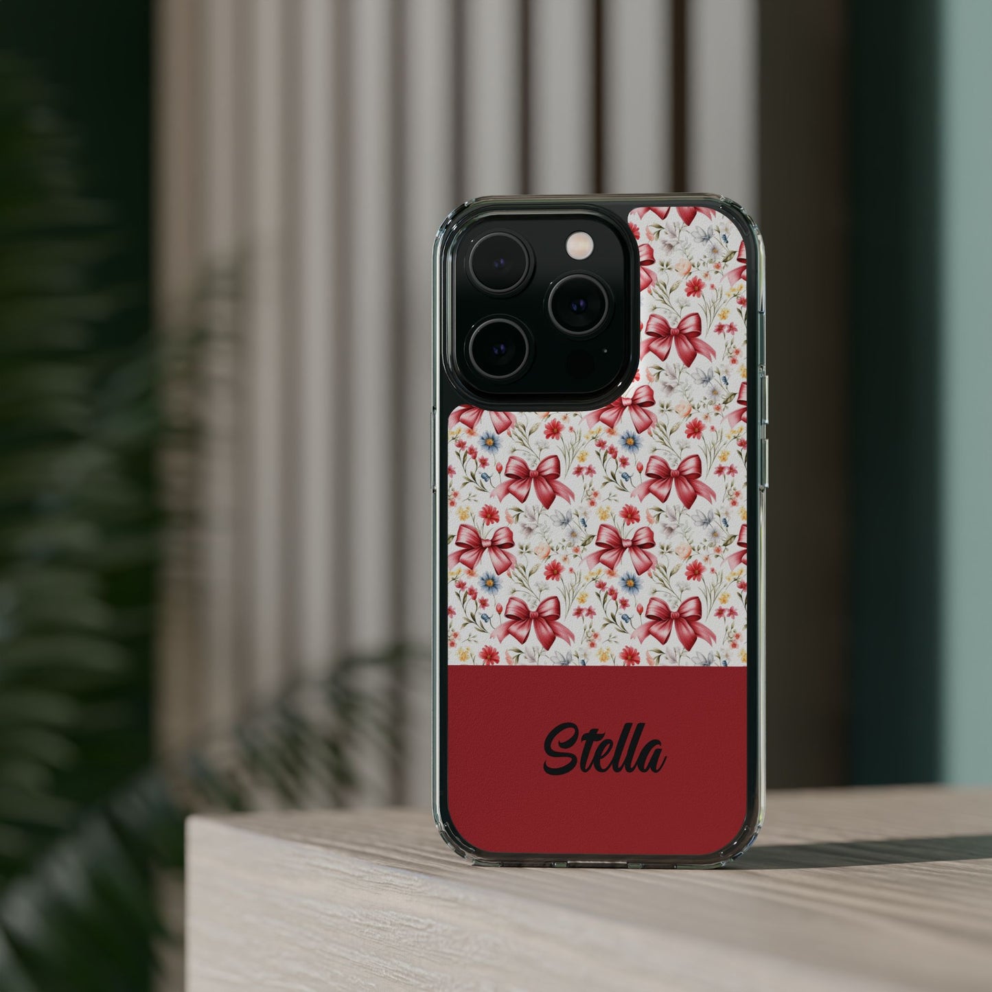 Personalized Rosette Coquette Floral Bow Clear iPhone, Samsung Cases — Custom Name Phone Cover