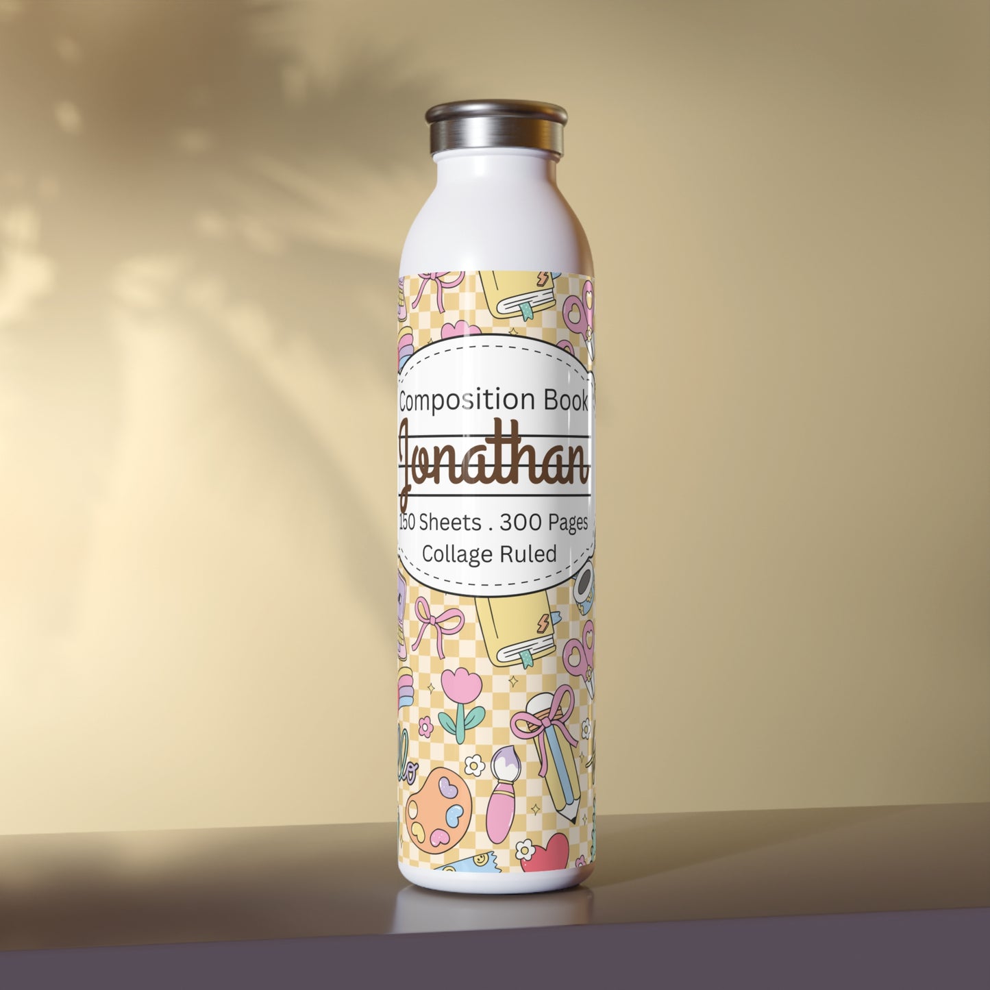 Personalized Composition Book Doodle Daydream Inspired Slim Water Bottle, Drinkware, Eco-Friendly Hydration Bottle, Perfect for Gifts, School Supplies, Back to School