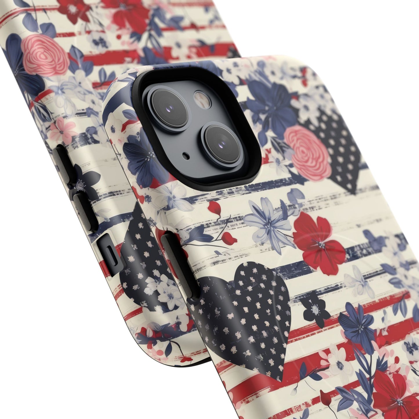 Patriotic Floral Phone Case, Tough Magnetic Cases, American Flag Design, Gift for Her, Independence Day Accessories
