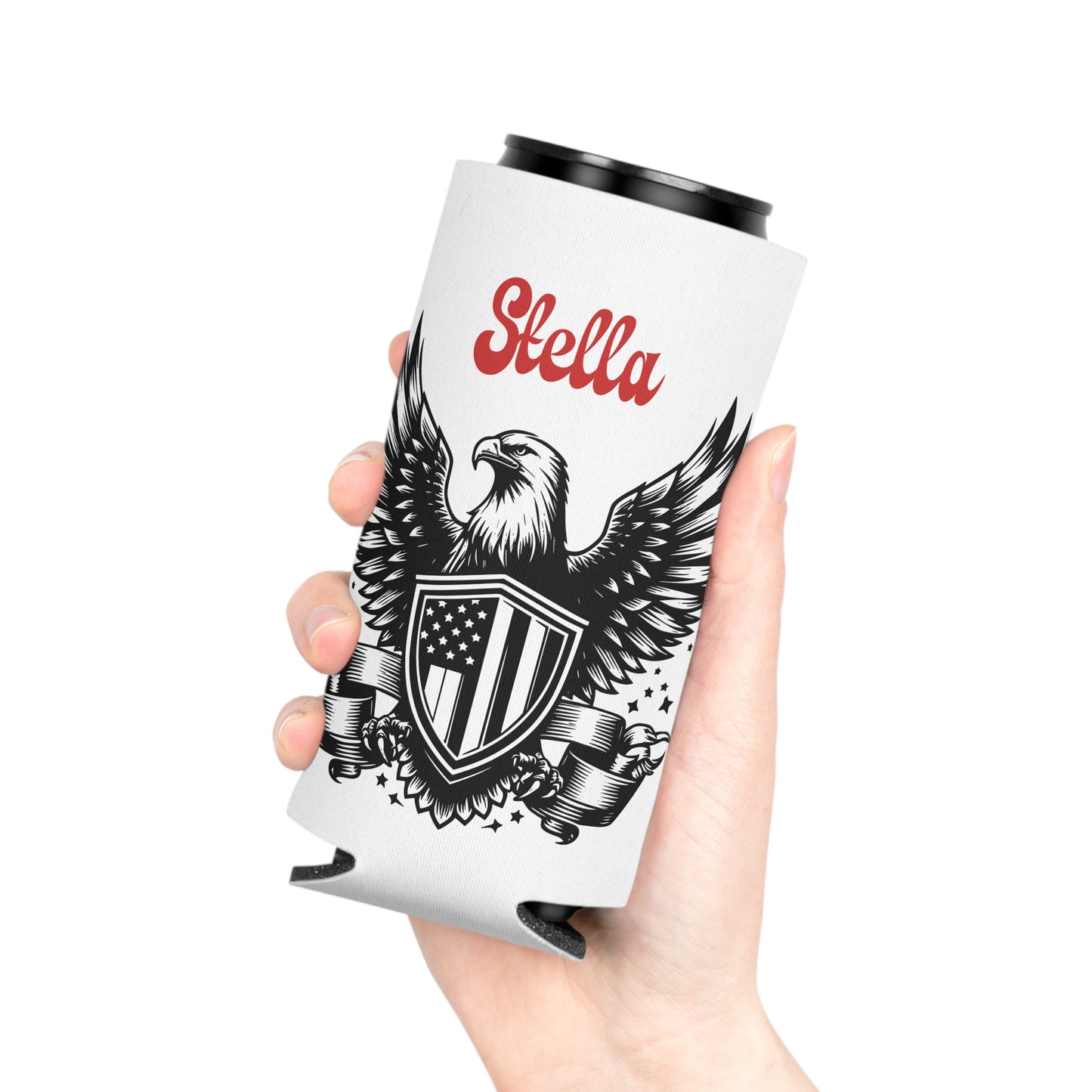 Personalized Patriotic Eagle with Shield Design Can Cooler — (Custom Name)