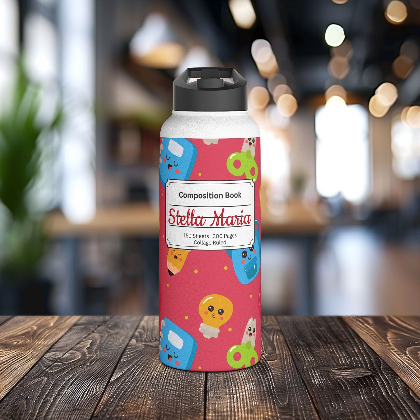 Personalized Kawaii Composition Book Inspired Stainless Steel Water Bottle for Kids, School Supplies, Eco-Friendly Drinkware, Back to School, Teacher Gifts