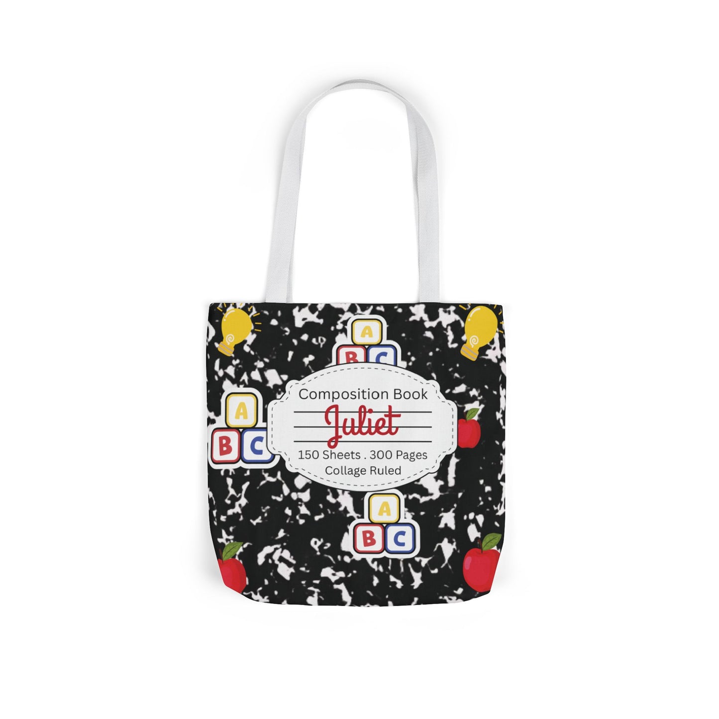 Personalized Black Composition Book Inspired Canvas Tote Bag with Colorful Straps, Cute School Bag, Eco-Friendly Tote, Back to School Shopping Bag, Teacher Gift Idea