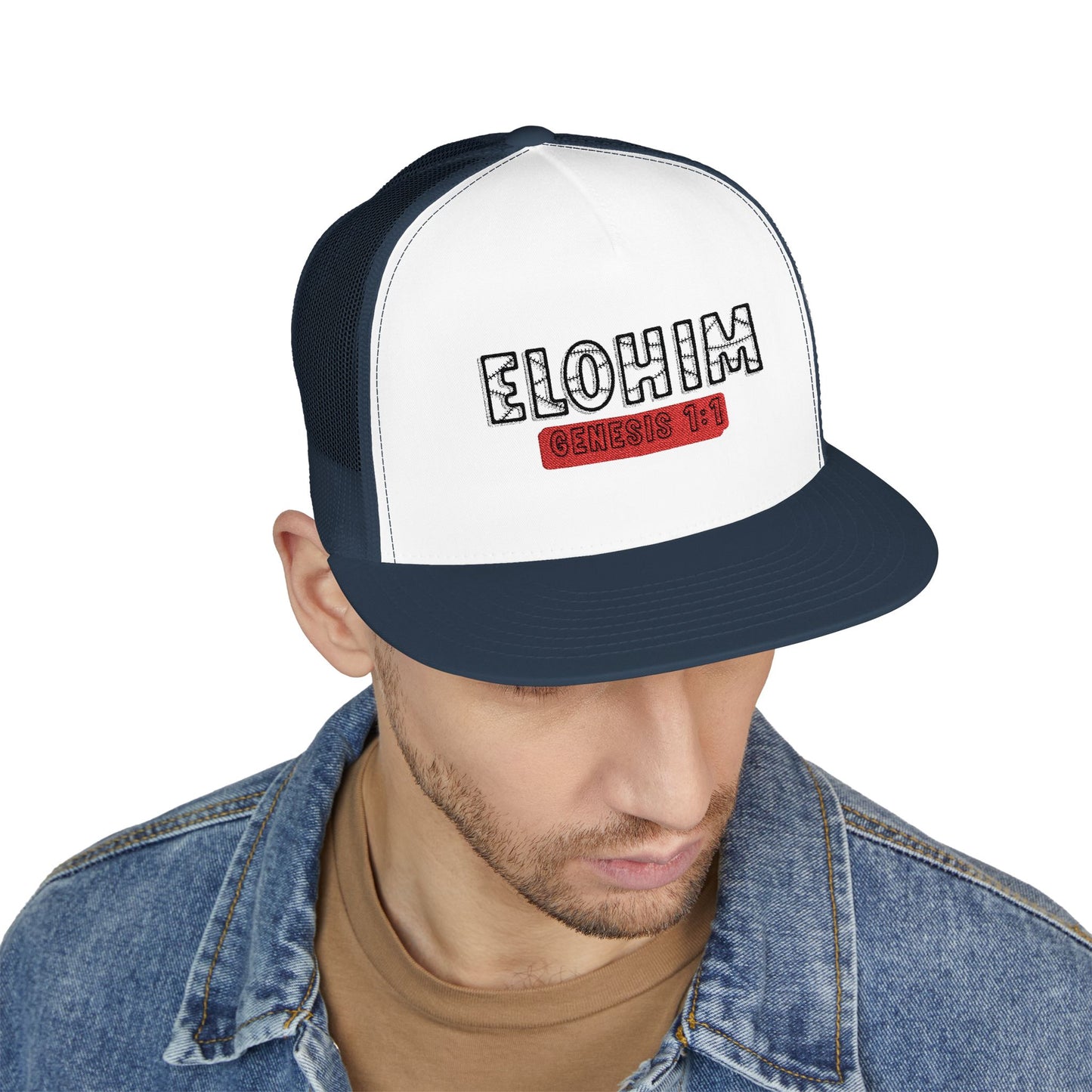 'ELOHIM, GENESIS 1:1'  Embroidered 5 Panel Trucker Cap | Casual Style Hat, Adjustable, Unisex, Perfect Gift for Outdoors, Festivals, Daily Wear