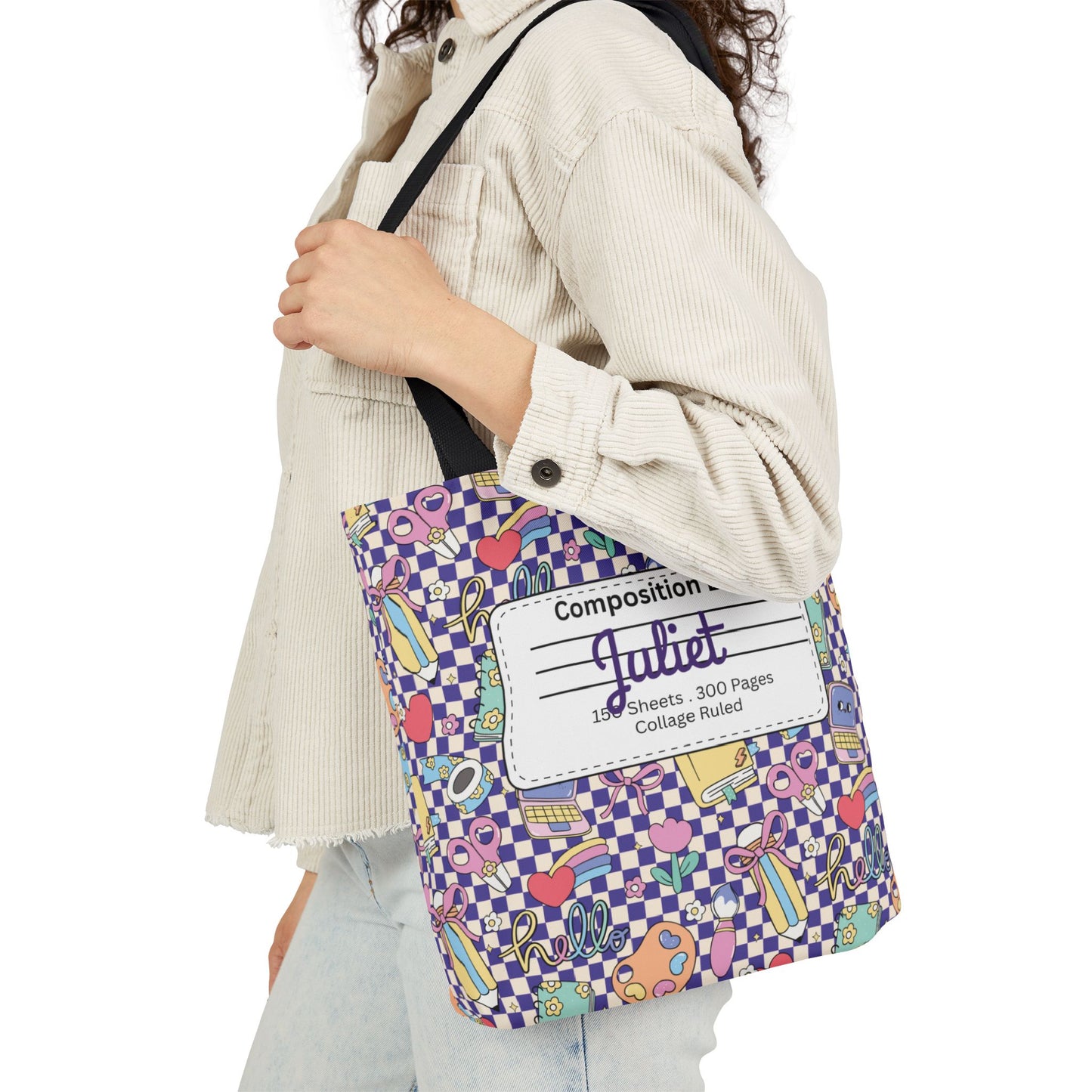 Personalized Purple Doodle Daydream Composition Book Inspired Canvas Tote Bag with Colorful Straps, Cute School Bag, Eco-Friendly Tote, Back to School Shopping Bag, Teacher Gift Idea