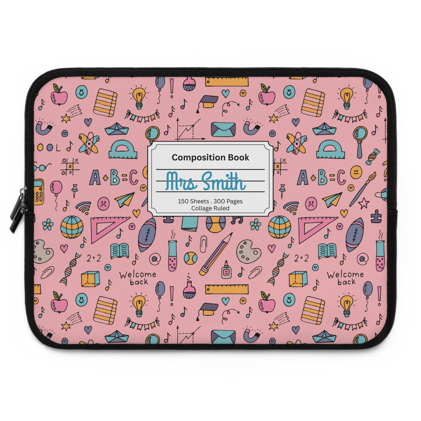 Personalized Pink Chalkboard Chic Laptop Sleeve with Composition Book Inspired Design, Customizable Tech Case, School Supplies, Gift for Students, College Essentials, Back to School