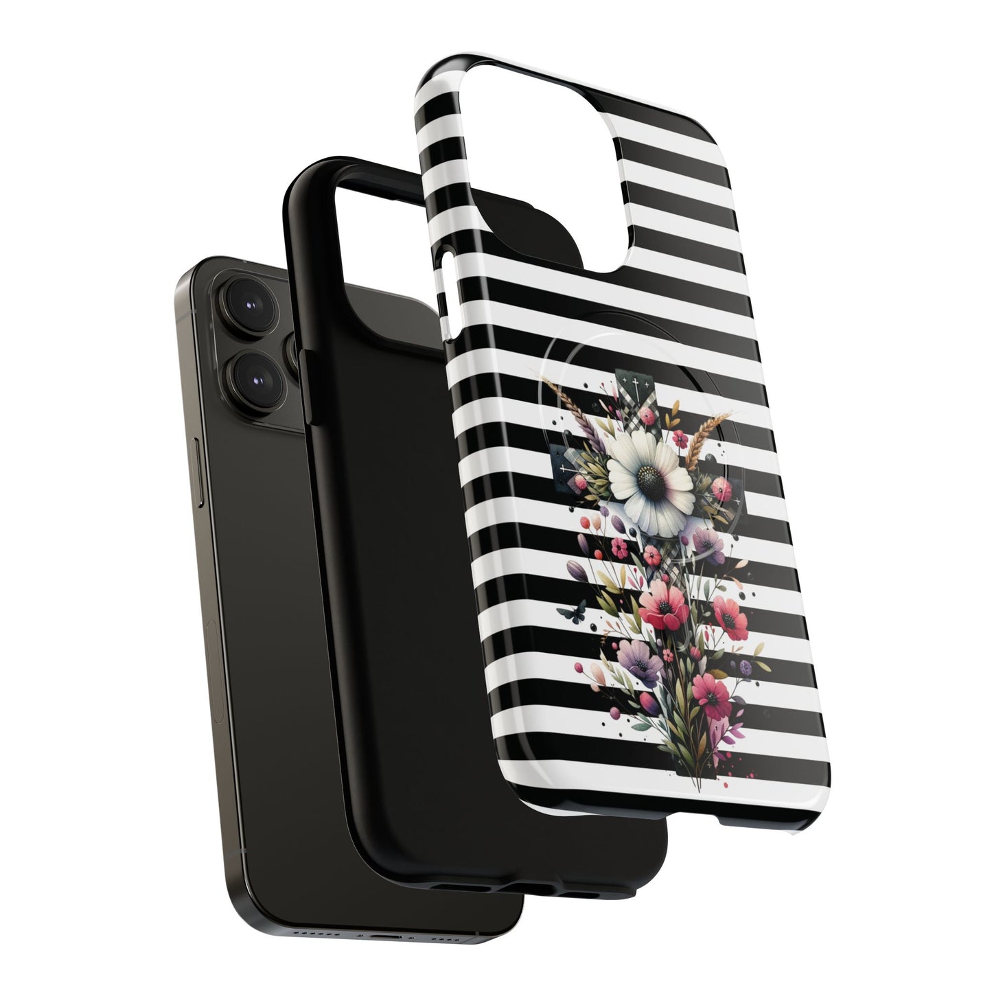 Faith in Bloom Tough iPhone Magnetic Case, iPhone Accessories, Floral iPhone Cover, Durable Cases for Gifts, Black and White Stripes