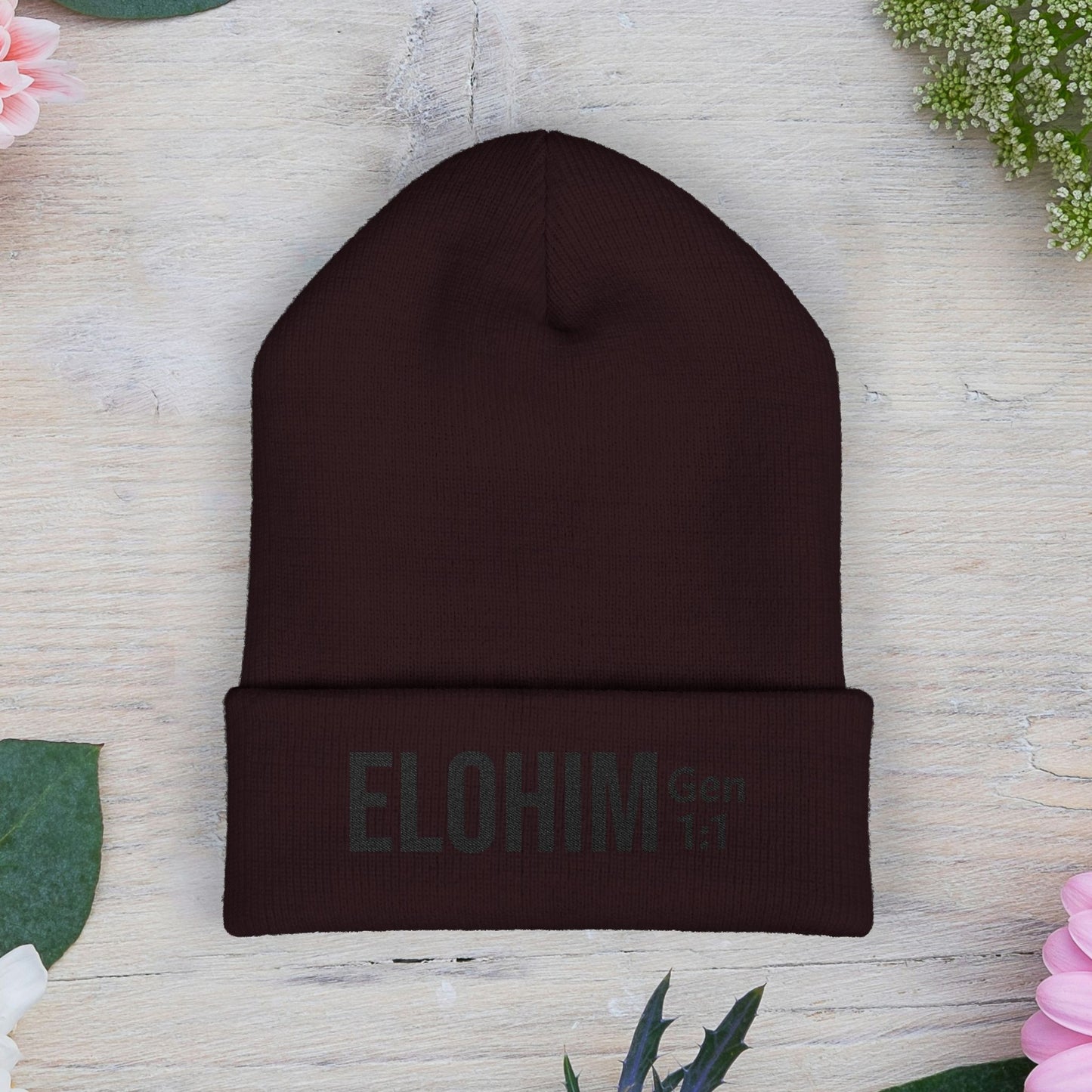 Embroidered 'ELOHIM, GENESIS 1:1' Classic Cuffed Beanie - Cozy Winter Hat, Streetwear Accessory, Personalized Gifts, Religious Apparel, Unisex Beanie