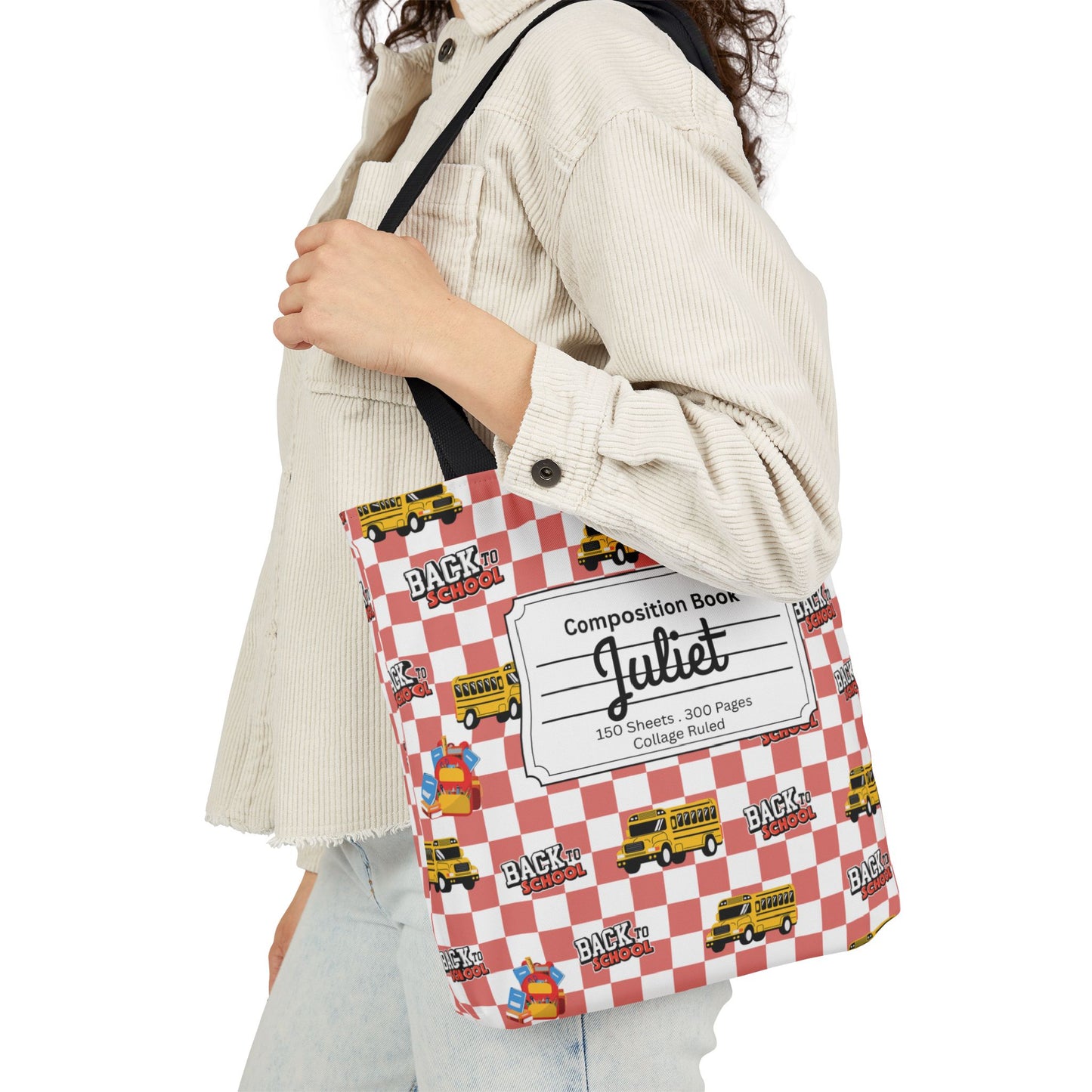 Personalized Red Schoolyard Chic Composition Book Inspired Canvas Tote Bag with Colorful Straps, Cute School Bag, Eco-Friendly Tote, Back to School Shopping Bag, Teacher Gift Idea