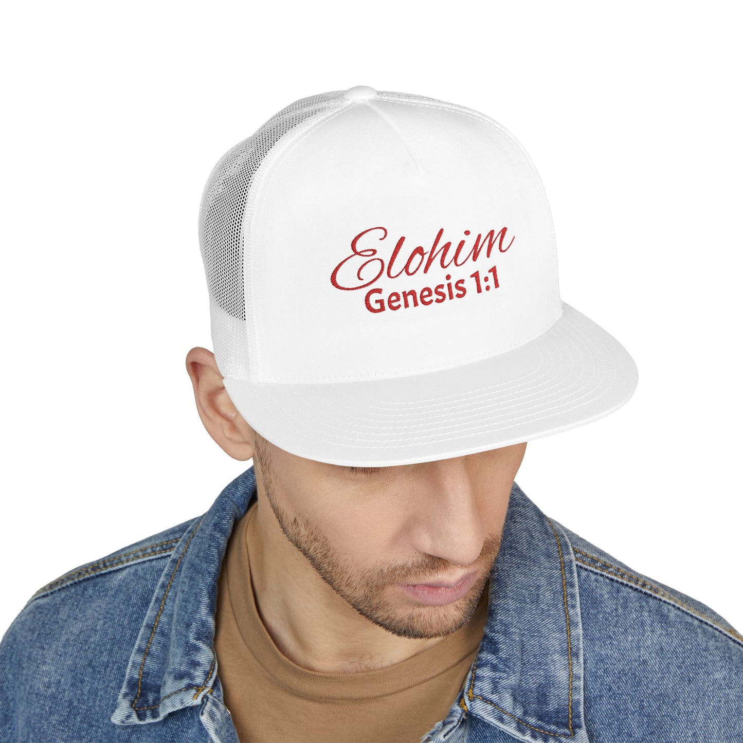 Red 'ELOHIM, GENESIS 1:1'  Embroidered 5 Panel Trucker Cap | Casual Style Hat, Adjustable, Unisex, Perfect Gift for Outdoors, Festivals, Daily Wear