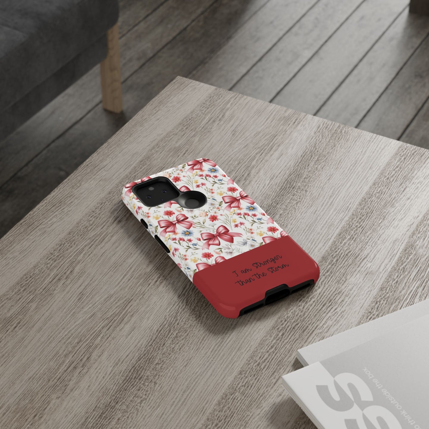 Personalized Rosette Coquette Phone Case - Custom Name/Message 'I Am Stronger Than The Storm' Floral Bow Protective Case
