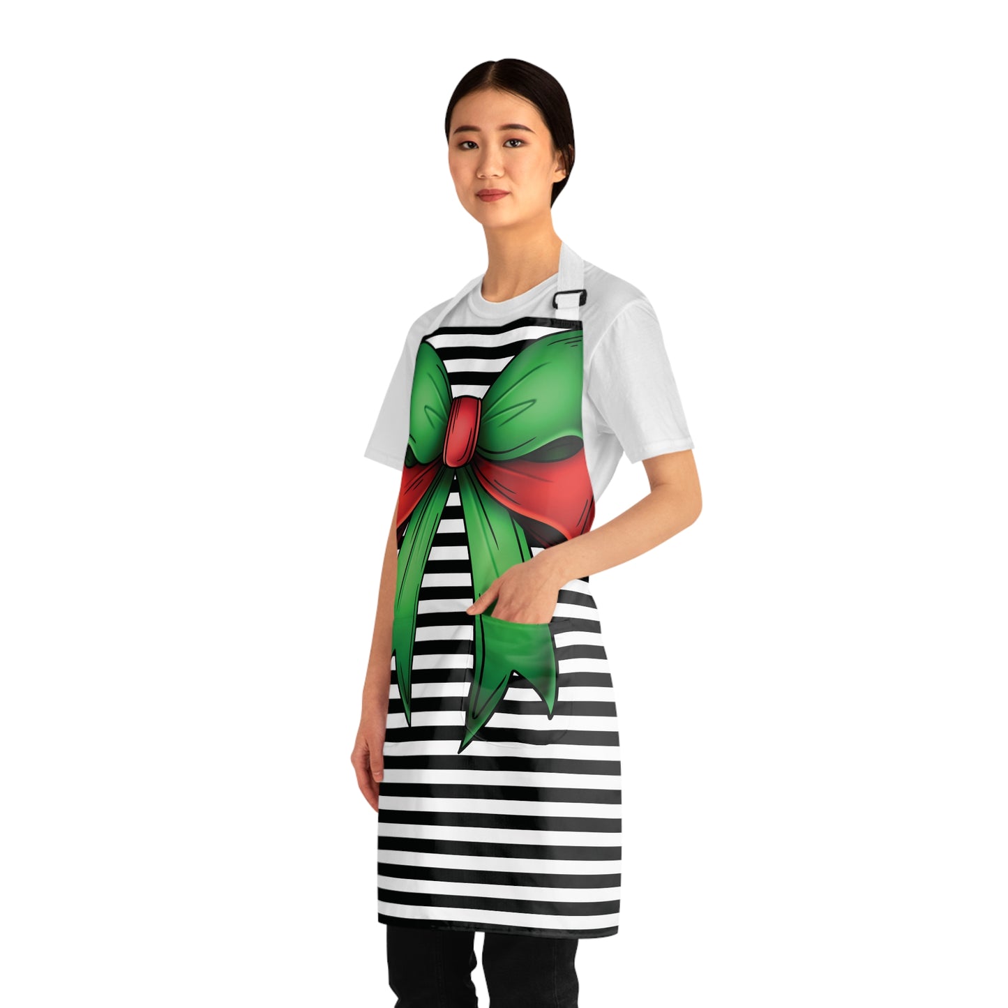 Striped Green Bow Grilling Apron with Tie Straps (AOP).