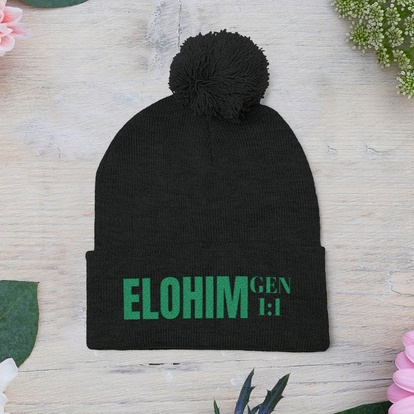 Pom-Pom Knit Cap with 'ELOHIM, GENESIS 1:1'  Embroidery Beanie - Stylish Winter Accessory for All Ages, Perfect Gift for Birthdays, Holidays, and Outdoor Activities