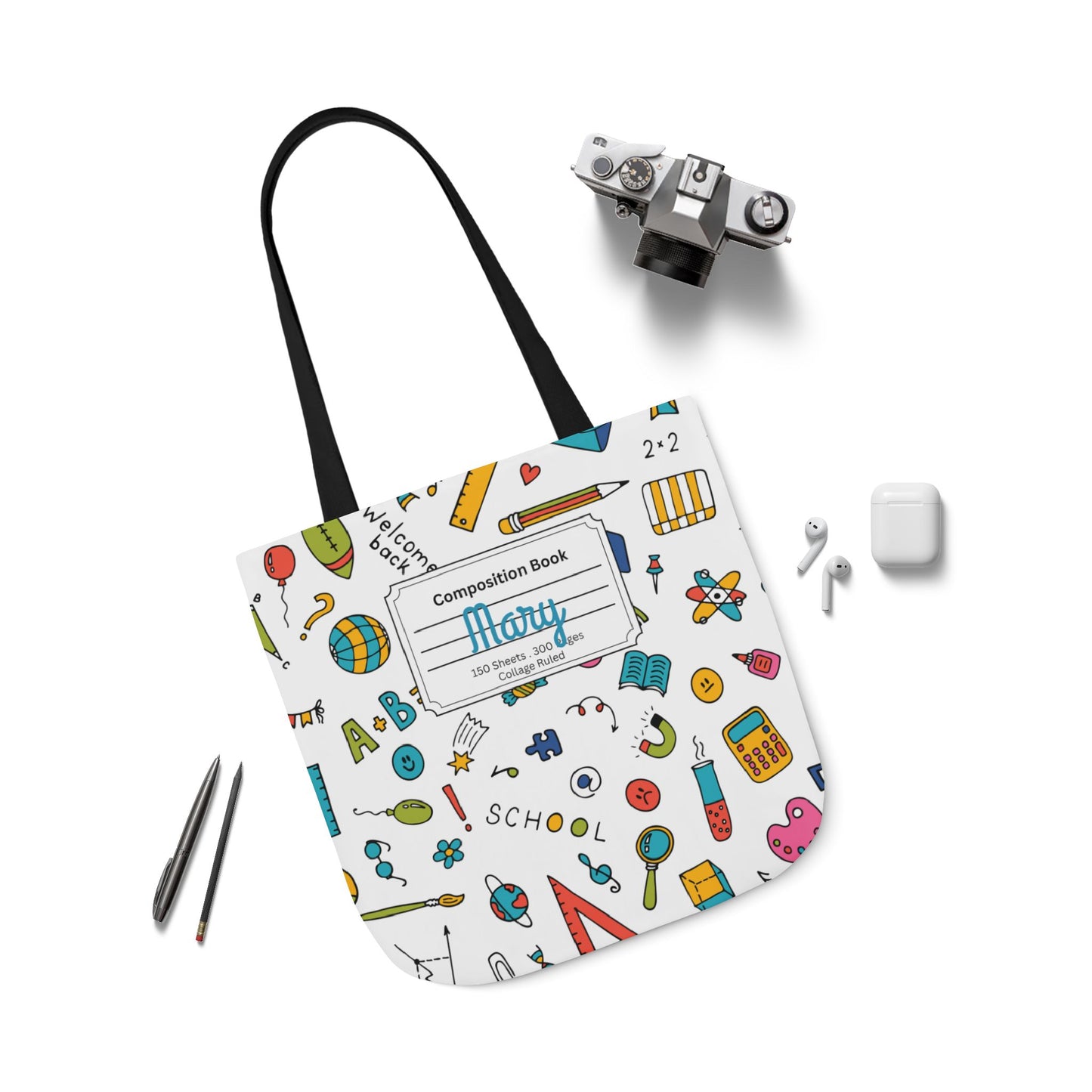 Personalized Classroom Couture Composition Book Inspired Canvas Tote Bag with Colorful Straps, Cute School Bag, Eco-Friendly Tote, Back to School Shopping Bag, Teacher Gift Idea