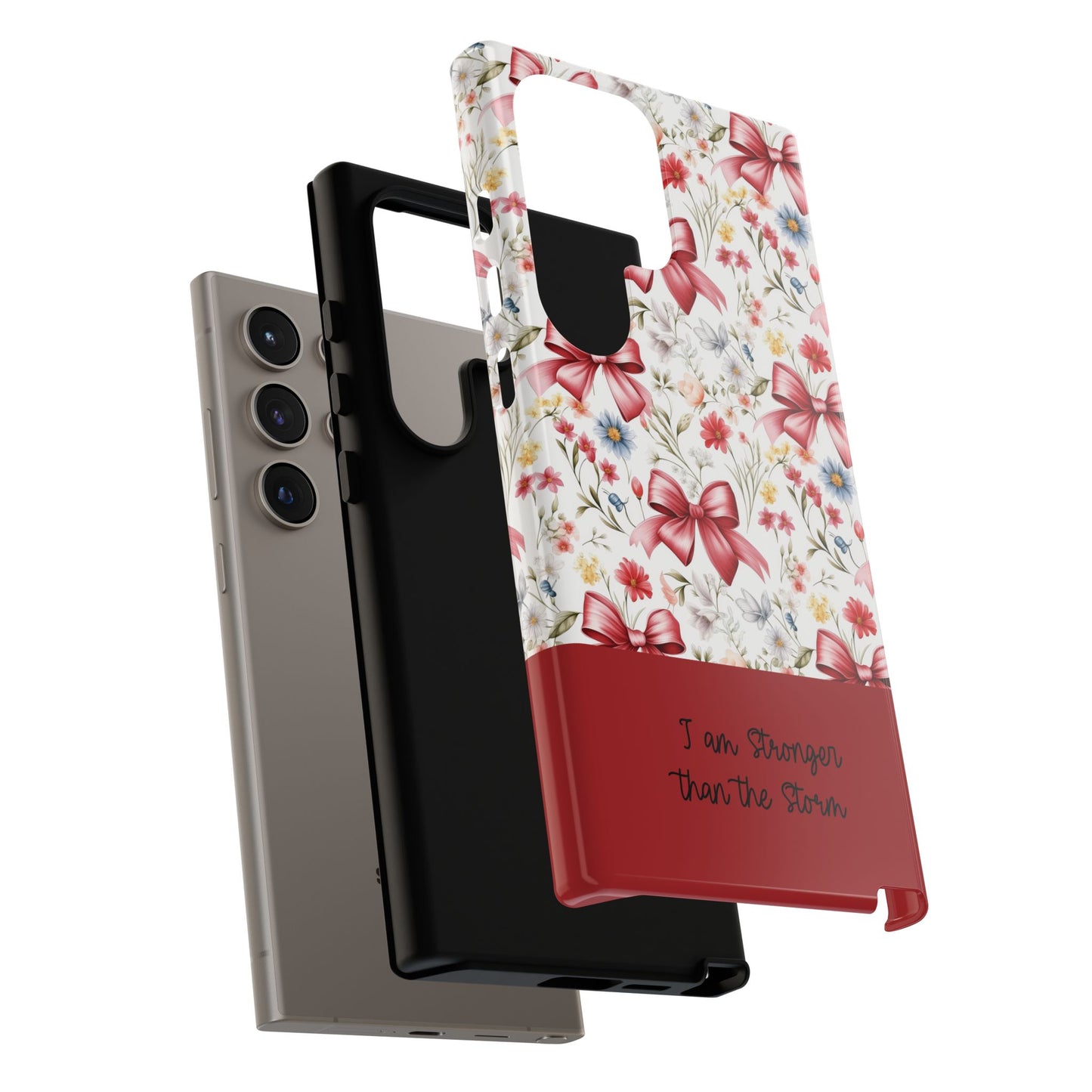Personalized Rosette Coquette Phone Case - Custom Name/Message 'I Am Stronger Than The Storm' Floral Bow Protective Case