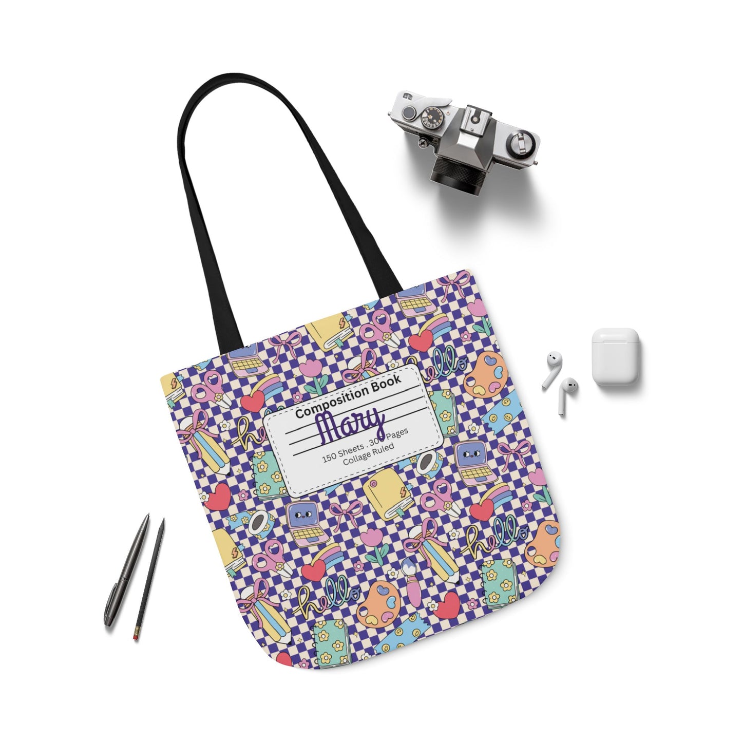 Personalized Purple Doodle Daydream Composition Book Inspired Canvas Tote Bag with Colorful Straps, Cute School Bag, Eco-Friendly Tote, Back to School Shopping Bag, Teacher Gift Idea