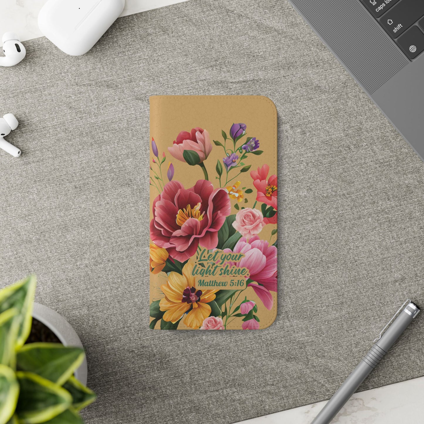 Floral Scripture Flip Case — "Let Your Light Shine" Wallet Phone Cover (Matthew 5:16)