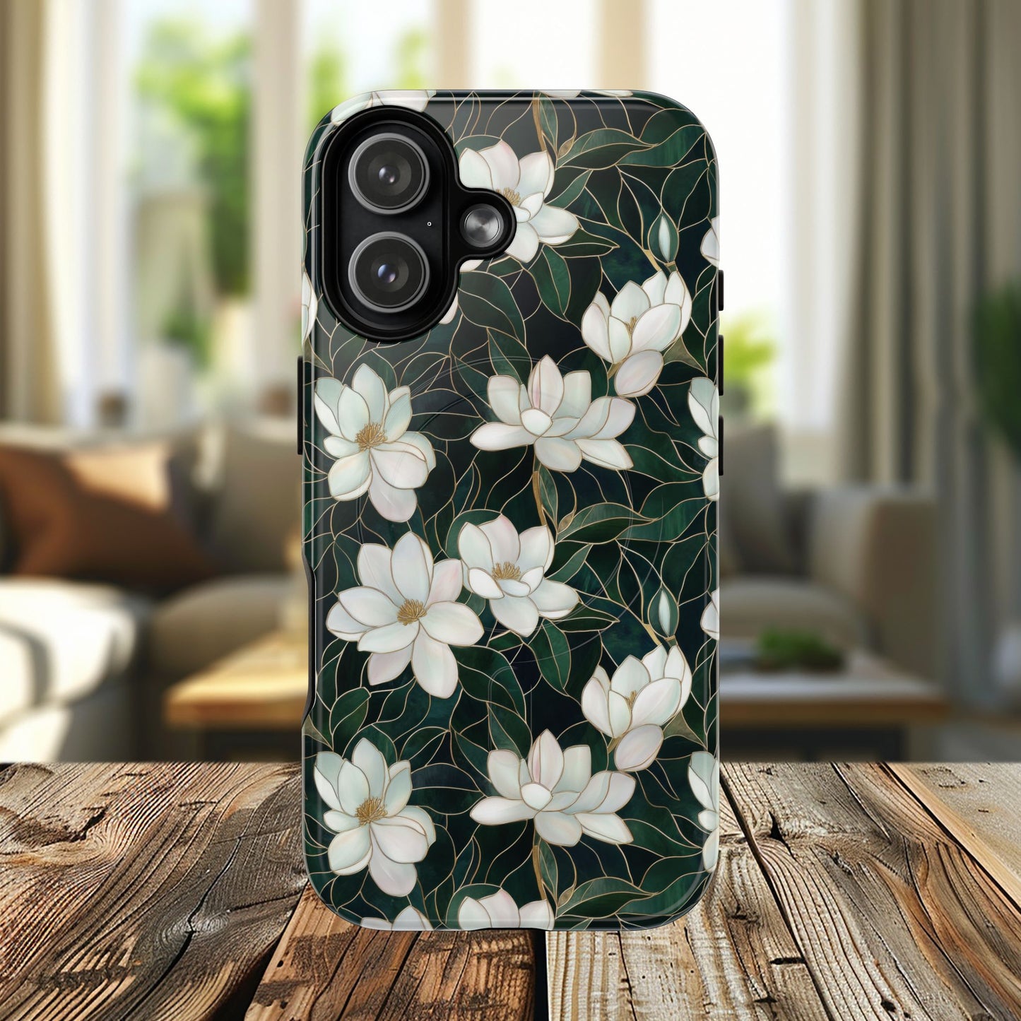 Midnight Magnolia Tough iPhone Magnetic Case, Stylish Stained Glass iPhone Protection, Nature Lover Gift, Spring Vibes